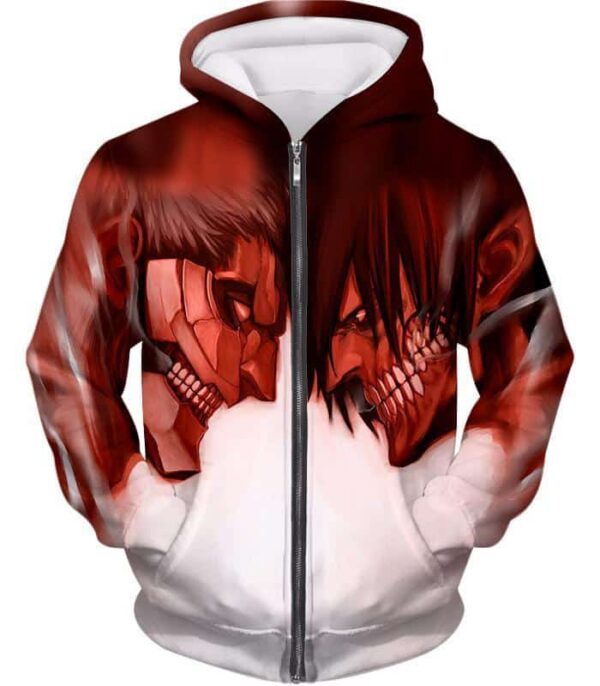 Attack On Titan Cool Armoured Titan Vs Eren Yeager White Printed Hoodie  - Anime Hoodie - Zip Up Hoodie