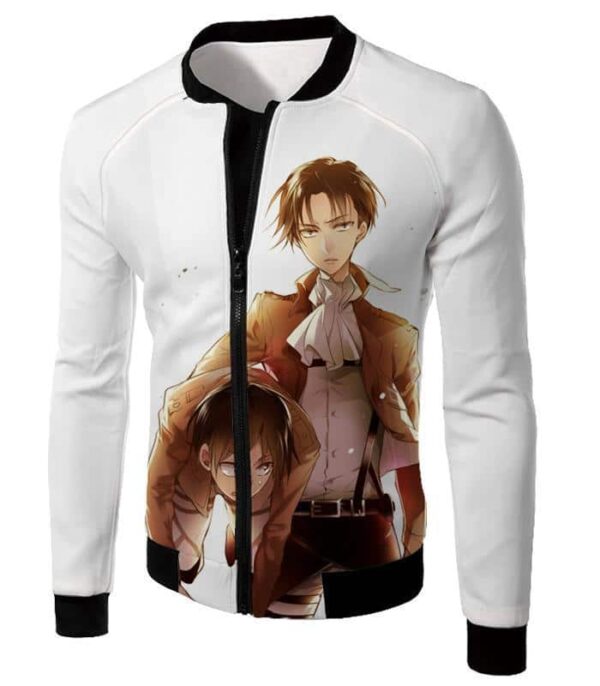 Attack On Titan Hoodie - Attack On Titan Captain Levi X Eren Yeager Cool Anime Promo White Zip Up Hoodie - Jacket