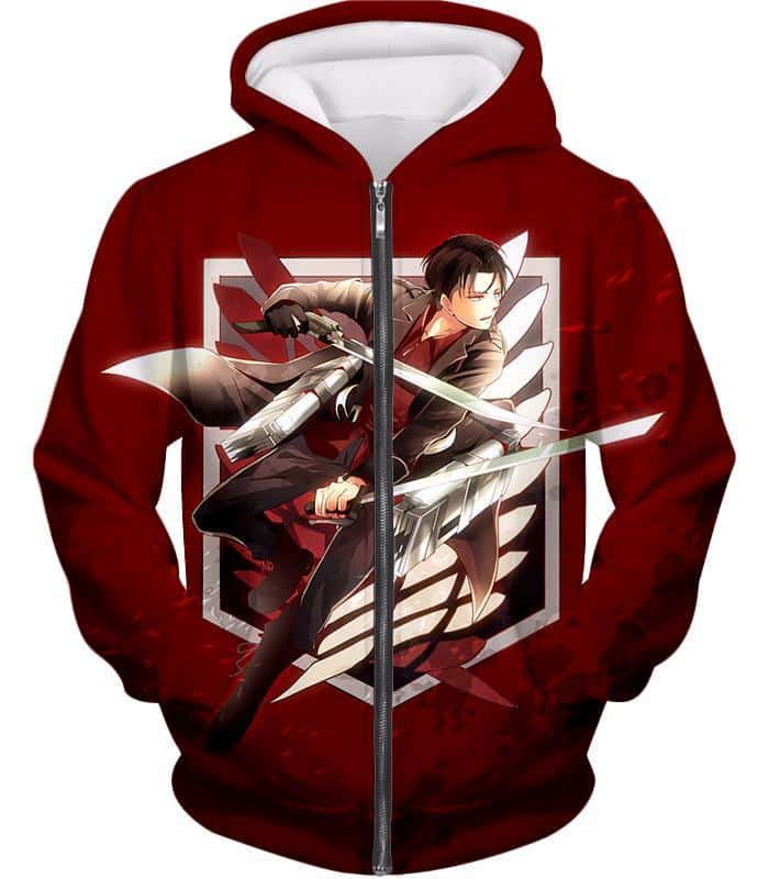 Attack On Titan Hoodie - Attack On Titan Humanitys Strongest Soldier Levi Ackerman Of Survey Corps Cool Red Zip Up Hoodie