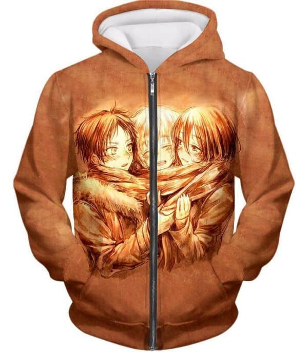 Attack On Titan Hoodie - Attack On Titan Three Best Childhood Friends Eren X Mikasa X Armin Cool Anime Promo Hoodie - Zip Up Hoodie