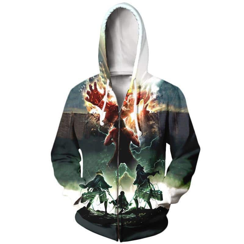 Colossal Titan With Eren Mikasa And Armin - Attack On Titan Zip Up Hoodie Jacket - Zip Up Hoodie