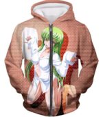 Code Geass Green Haired Anime Beauty C.C Promo Cool Brick Patterned Hoodie - Zip Up Hoodie