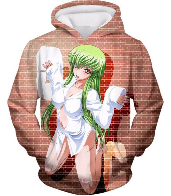 Code Geass Green Haired Anime Beauty C.C Promo Cool Brick Patterned Zip Up Hoodie - Hoodie