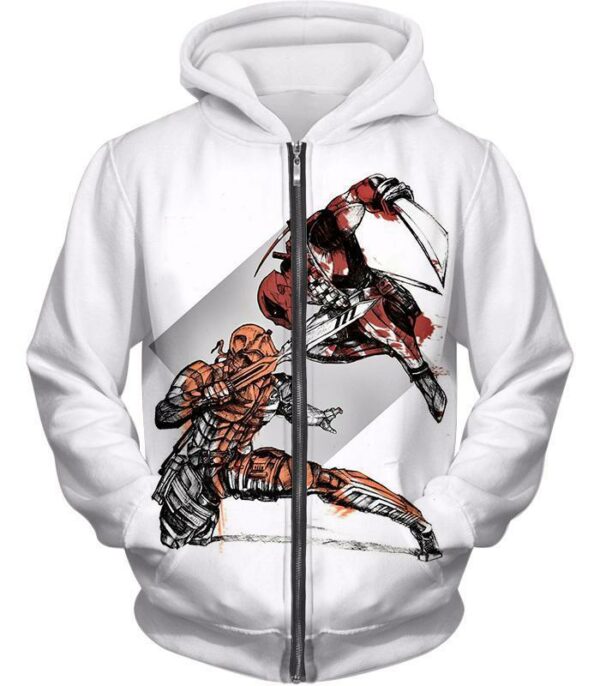 Deadpool Hoodie - Art Deadpool Vs Deathstroke Action White Hoodie - Zip Up Hoodie