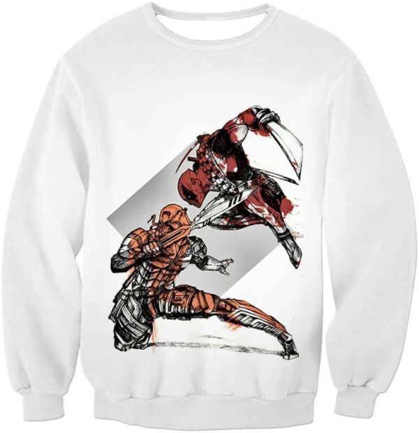 Deadpool Zip Up Hoodie - Art Deadpool Vs Deathstroke Action White Zip Up Hoodie - Sweatshirt