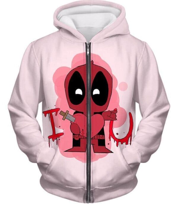 Deadpool Zip Up Hoodie - Deadpool I Heart U Comical Cute Pink Zip Up Hoodie