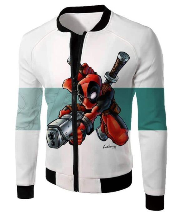 Deadpool Zip Up Hoodie - Marvel Comic’s Anti-Hero Deadpool Action White Zip Up Hoodie - Jacket