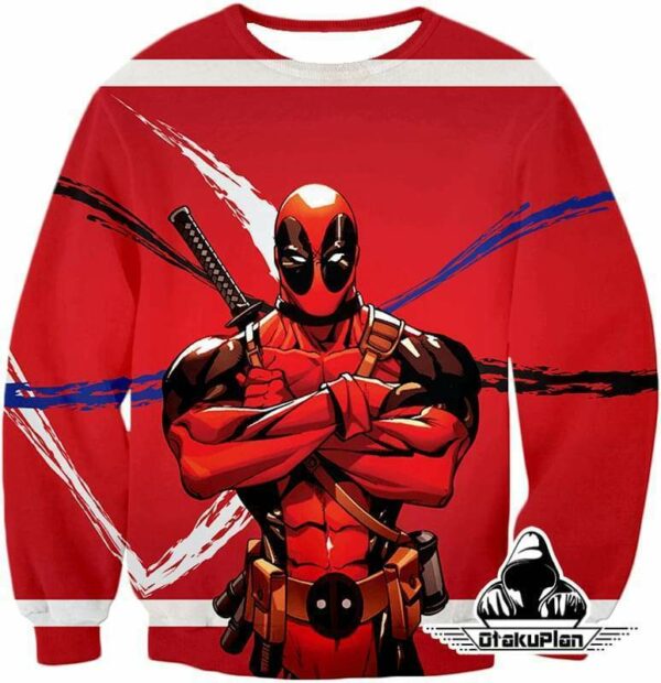 Deadpool Zip Up Hoodie - Muscular Mutant Hero Deadpool Pose Red Zip Up Hoodie - Sweatshirt