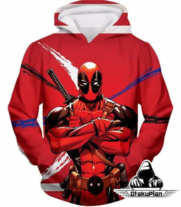 Deadpool Zip Up Hoodie - Muscular Mutant Hero Deadpool Pose Red Zip Up Hoodie - Hoodie