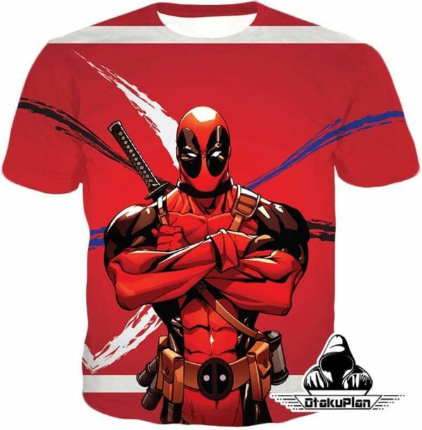 Deadpool Zip Up Hoodie - Muscular Mutant Hero Deadpool Pose Red Zip Up Hoodie - T-Shirt