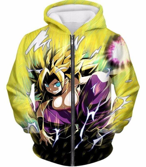 Dragon Ball Super Action Hero Caulifla Super Saiyan 3 Graphic Zip Up Hoodie - DBZ Clothing Hoodie - Zip Up Hoodie