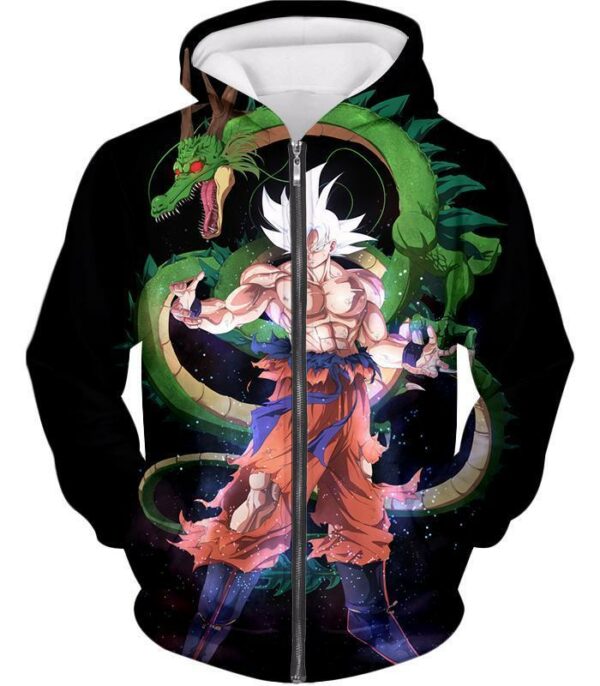 Dragon Ball Super Cool Hero Goku Super Saiyan White X Dragon Shenron Black Zip Up Hoodie