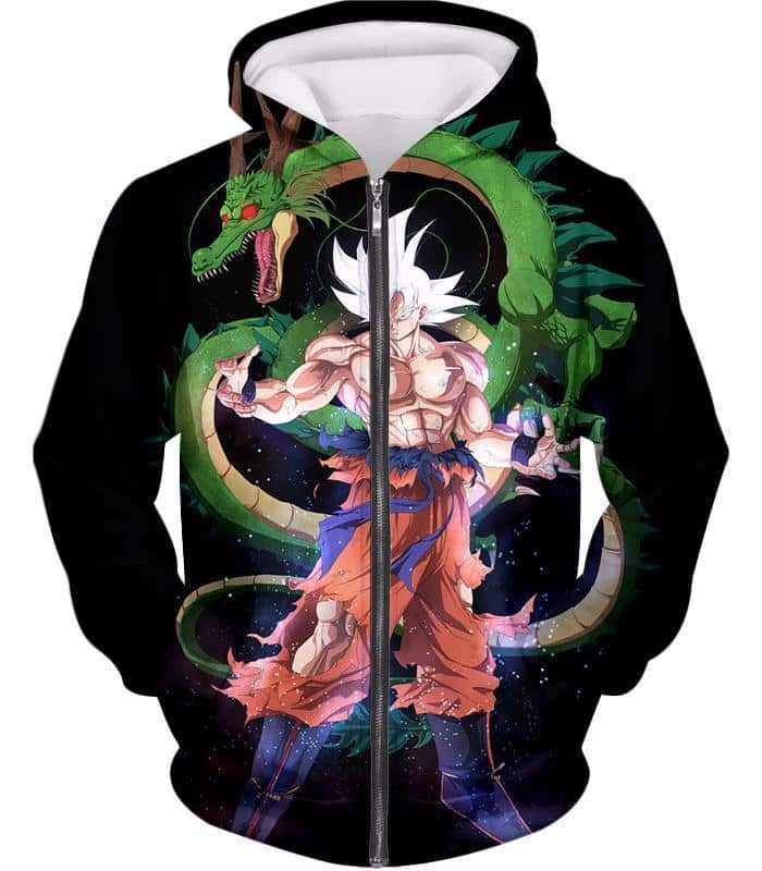 Dragon Ball Super Cool Hero Goku Super Saiyan White X Dragon Shenron Black Zip Up Hoodie