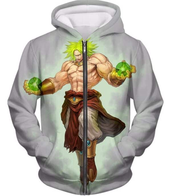 Dragon Ball Super DBZ Hoodie - Legendary Super Saiyan Broly Cool Action Promo White Hoodie - Zip Up Hoodie