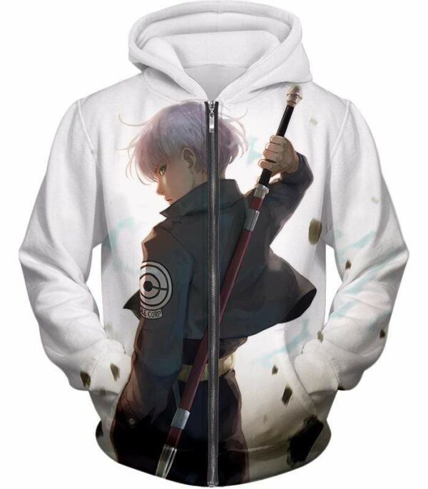 Dragon Ball Super Extremely Cool Future Trunks Graphic White Hoodie - Zip Up Hoodie