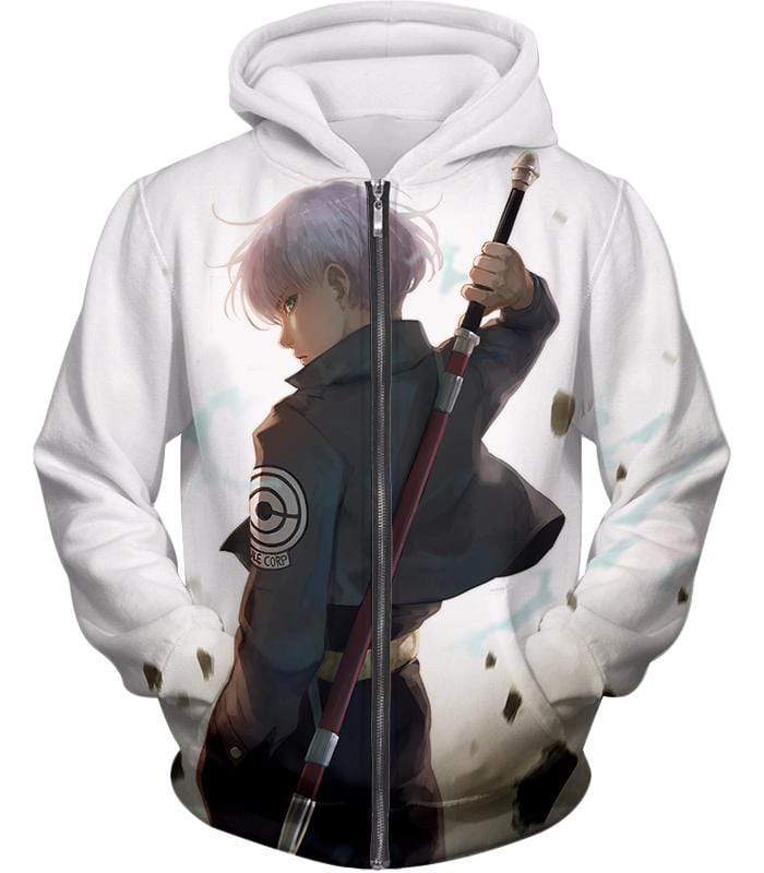 Dragon Ball Super Extremely Cool Future Trunks Graphic White Zip Up Hoodie - Zip Up Hoodie