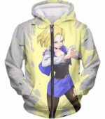 Dragon Ball Super Fighter Android 18 Cool Action Anime White Hoodie - Dragon Ball Z Hoodie - Zip Up Hoodie