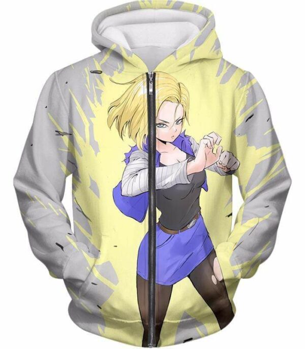 Dragon Ball Super Fighter Android 18 Cool Action Anime White Hoodie - Dragon Ball Z Hoodie - Zip Up Hoodie