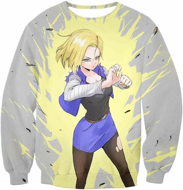 Dragon Ball Super Fighter Android 18 Cool Action Anime White Zip Up Hoodie - Dragon Ball Z Hoodie - Sweatshirt