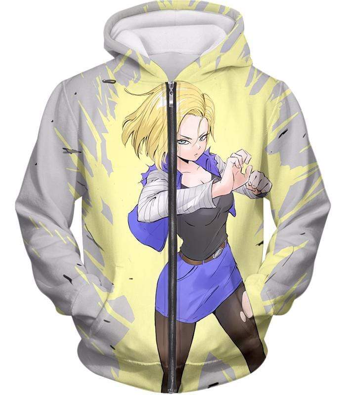 Dragon Ball Super Fighter Android 18 Cool Action Anime White Zip Up Hoodie - Dragon Ball Z Hoodie - Zip Up Hoodie