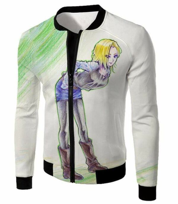Dragon Ball Super Super Cute Android 18 Drawing Cool White Hoodie - Jacket