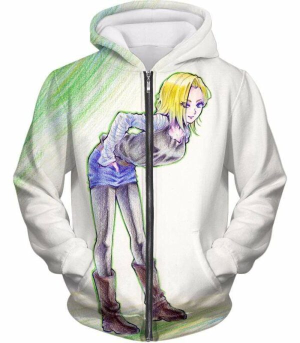 Dragon Ball Super Super Cute Android 18 Drawing Cool White Hoodie - Zip Up Hoodie