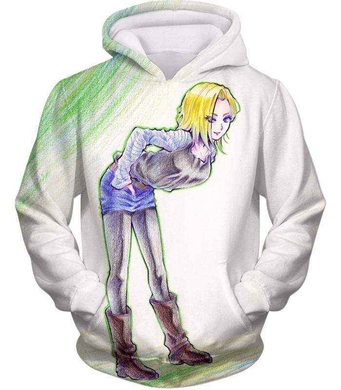 Dragon Ball Super Super Cute Android 18 Drawing Cool White Hoodie