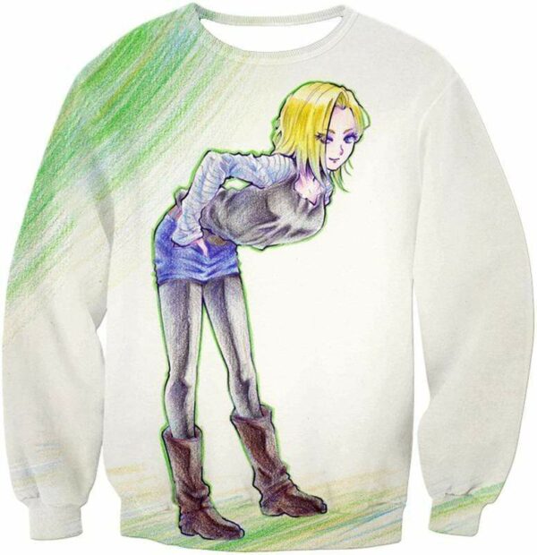 Dragon Ball Super Super Cute Android 18 Drawing Cool White Zip Up Hoodie - Sweatshirt