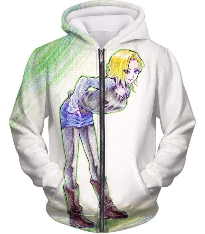 Dragon Ball Super Super Cute Android 18 Drawing Cool White Zip Up Hoodie - Zip Up Hoodie