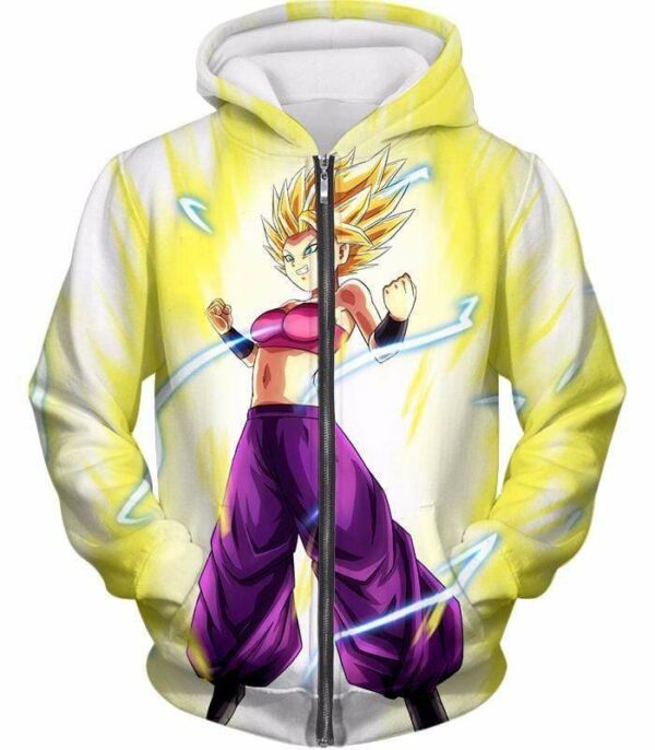 Dragon Ball Super Super Saiyan 2 Caulifla Anime White Hoodie - Zip Up Hoodie