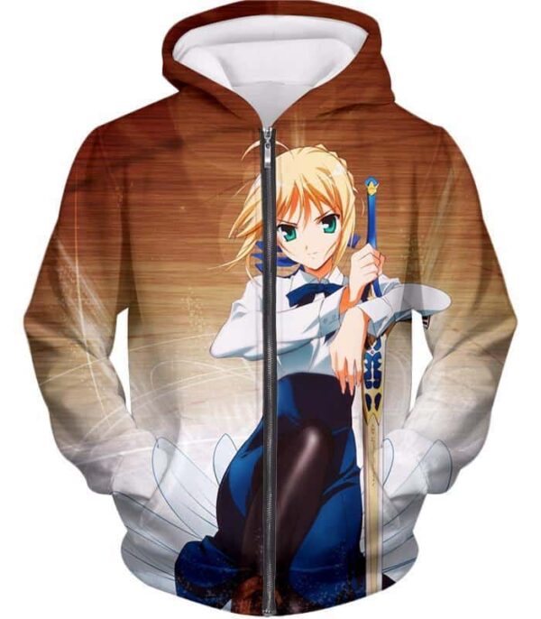Fate Stay Night Cute Saber Altria Pendragon Action Pose Hoodie - Zip Up Hoodie