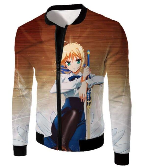 Fate Stay Night Cute Saber Altria Pendragon Action Pose Zip Up Hoodie - Jacket