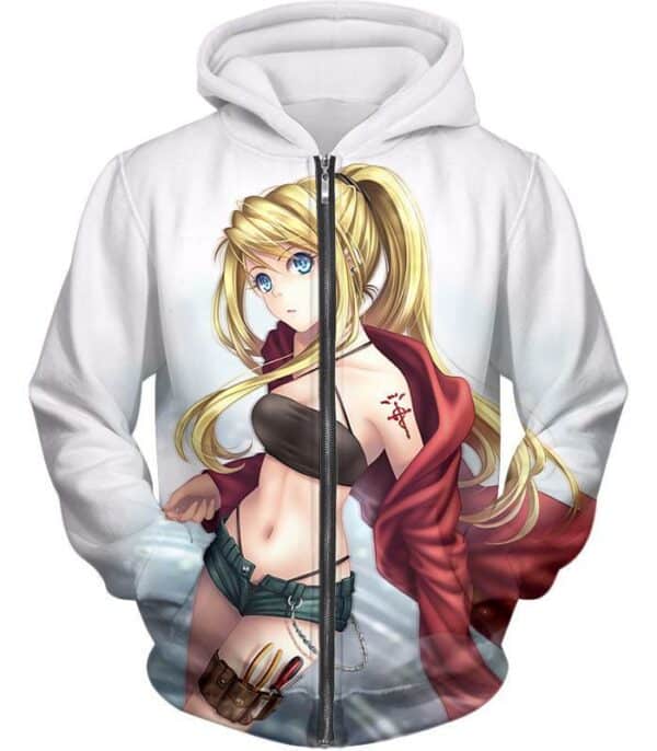 Fullmetal Alchemist Blonde Haired Anime Girl Winry Rockbell The Automation Geek Cool White Hoodie - Zip Up Hoodie