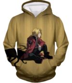 Fullmetal Alchemist Blonde Haired Anime Hero Edward Elrich Cool Pose Brown Zip Up Hoodie - Hoodie