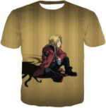 Fullmetal Alchemist Blonde Haired Anime Hero Edward Elrich Cool Pose Brown Hoodie - T-Shirt