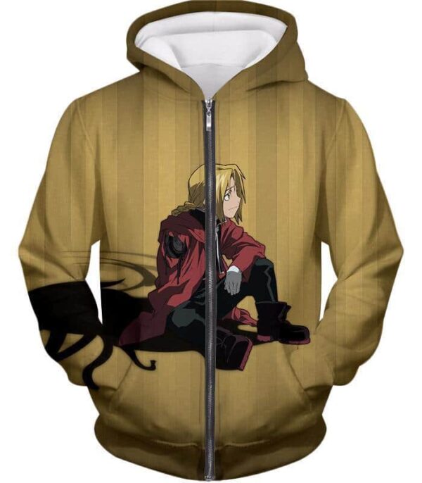 Fullmetal Alchemist Blonde Haired Anime Hero Edward Elrich Cool Pose Brown Zip Up Hoodie