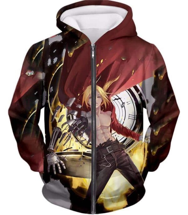 Fullmetal Alchemist Cool Edward Elrich Anime Action Broken Automail Graphic Hoodie - Zip Up Hoodie