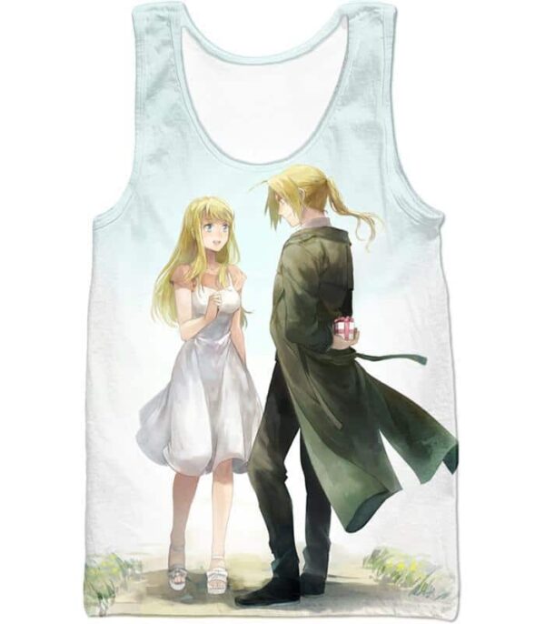 Fullmetal Alchemist Fullmetal Alchemist Super Cute Couple Edward X Winry White Zip Up Hoodie - Tank Top