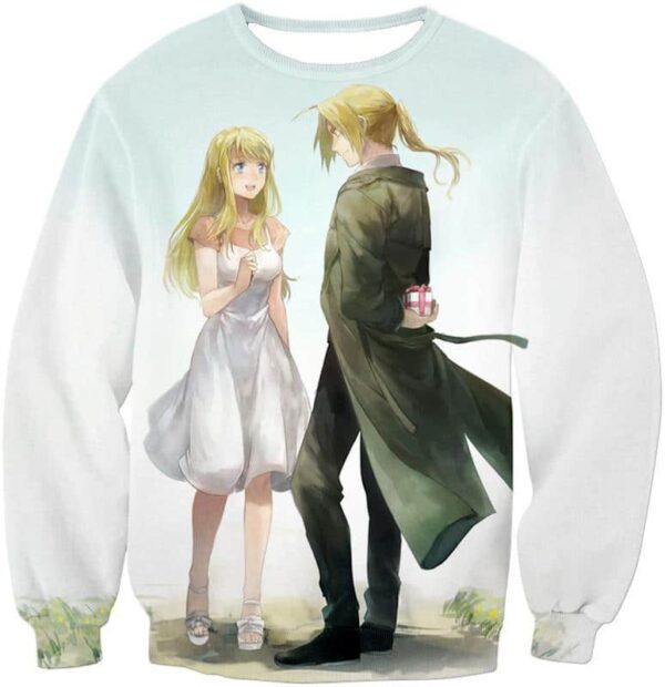 Fullmetal Alchemist Fullmetal Alchemist Super Cute Couple Edward X Winry White Zip Up Hoodie - Sweatshirt