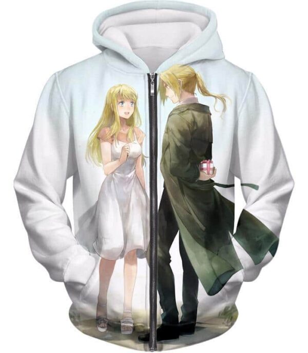 Fullmetal Alchemist Fullmetal Alchemist Super Cute Couple Edward X Winry White Hoodie - Zip Up Hoodie