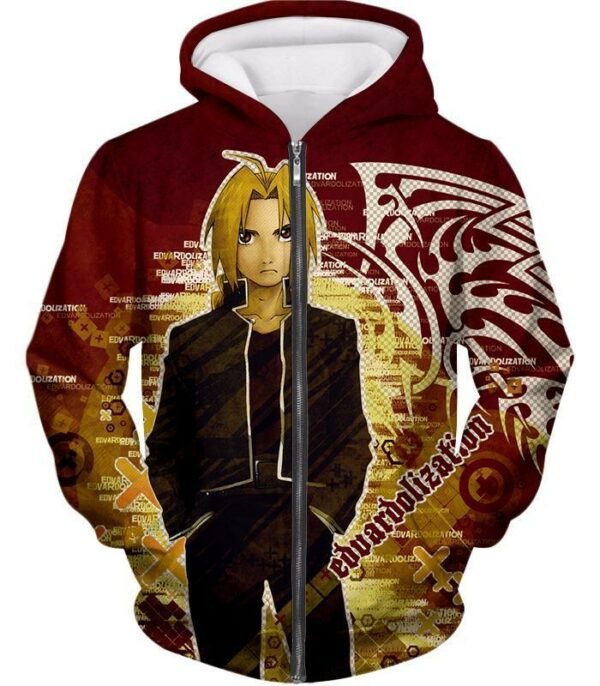 Fullmetal Alchemist Hero Edward Elrich Cool Promo Poster Red Hoodie - Zip Up Hoodie