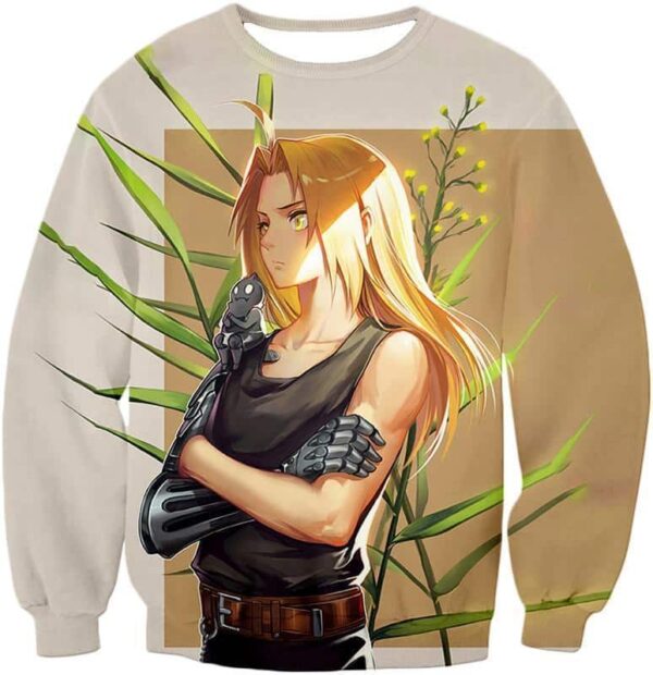 Fullmetal Alchemist Long Blonde Haired Anime Hero Edward Elrich Cool Pose Grey Hoodie - Sweatshirt