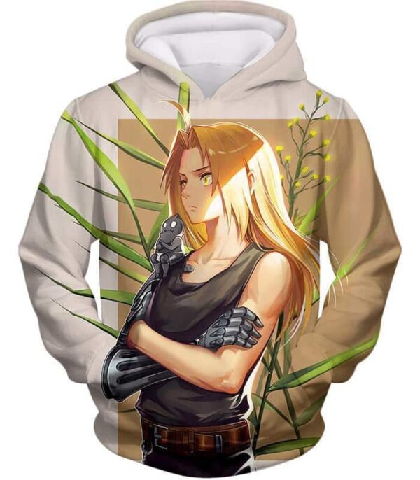 Fullmetal Alchemist Long Blonde Haired Anime Hero Edward Elrich Cool Pose Grey Zip Up Hoodie - Hoodie