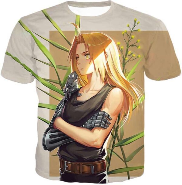 Fullmetal Alchemist Long Blonde Haired Anime Hero Edward Elrich Cool Pose Grey Zip Up Hoodie - T-Shirt