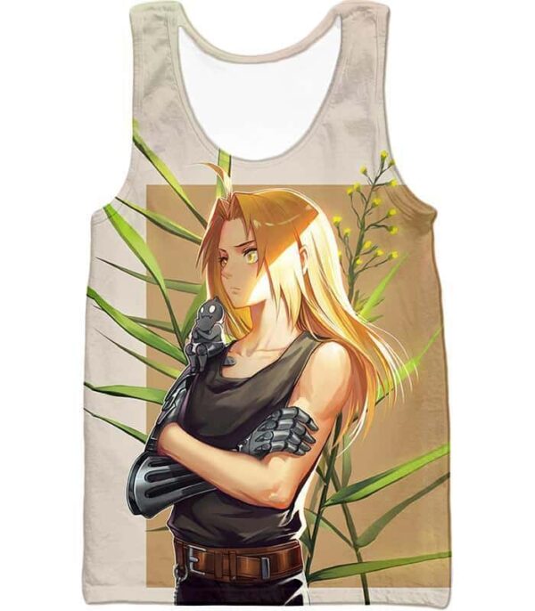 Fullmetal Alchemist Long Blonde Haired Anime Hero Edward Elrich Cool Pose Grey Hoodie - Tank Top