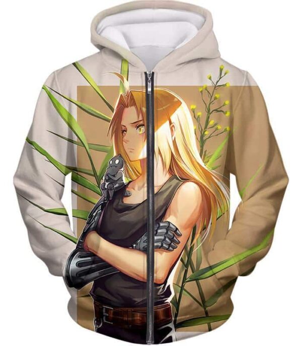 Fullmetal Alchemist Long Blonde Haired Anime Hero Edward Elrich Cool Pose Grey Zip Up Hoodie