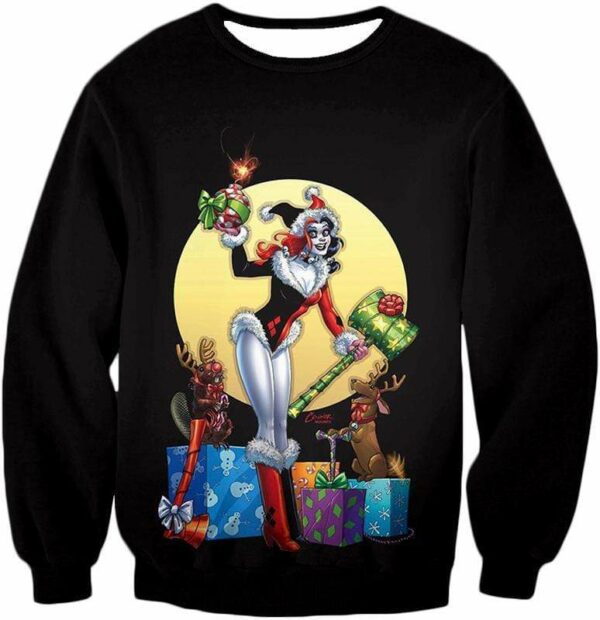 DCs Ultimate Villain Harley Quinn Christmas Promo Cool Black Zip Up Hoodie - Sweatshirt