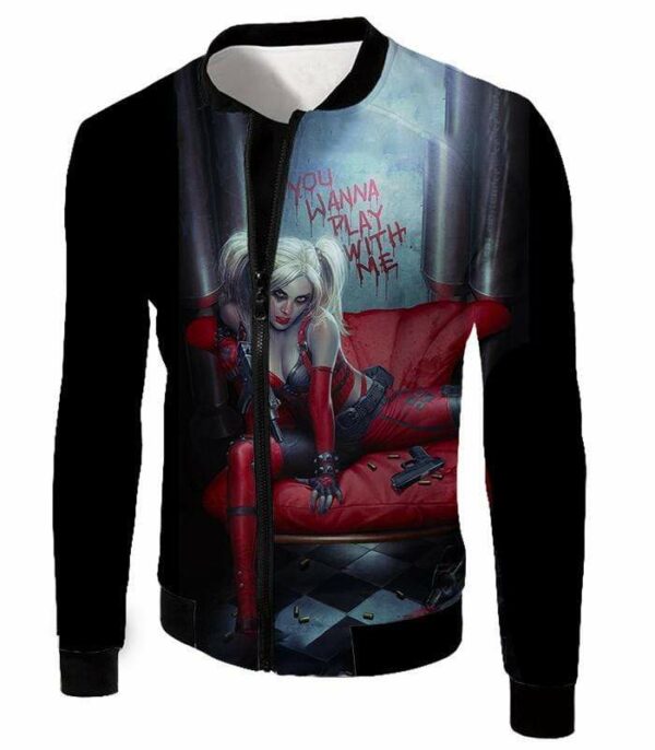 Ultimate Blonde Female DC Villain Crazy Harley Quinn Promo Black Hoodie - Jacket