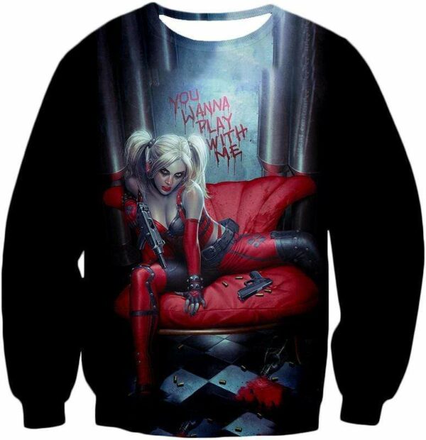 Ultimate Blonde Female DC Villain Crazy Harley Quinn Promo Black Hoodie - Sweatshirt