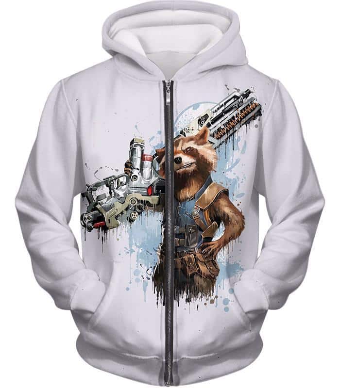 Destoyer  Raccoon Rocket White Zip Up Hoodie - Zip Up Hoodie